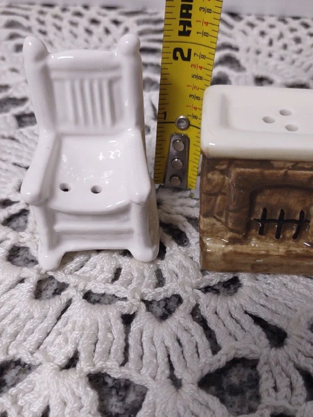 White Ceramic Rocking Chair & Brown Ceramic Fireplace Salt and Pepper Shakers